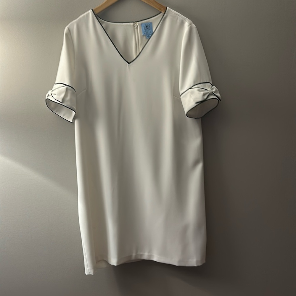 CeCe Bow Trim Shift Dress, Soft Ecru, Size Large